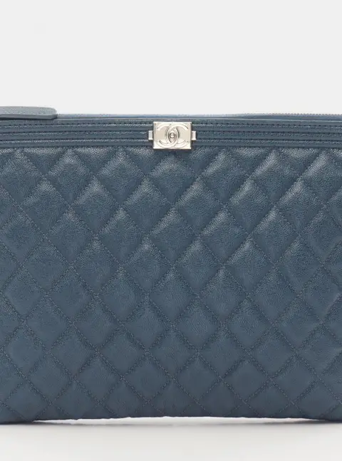 Chanel Boy Medium Navy Grained Calfskin Leather Pouch Bag