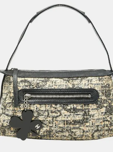 Chanel Icon Print Clover One Shoulder Beige Black Tweed Leather Shoulder Bag