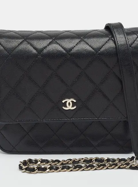 Chanel CC Black Caviar Quilted Leather Wallet On Chain