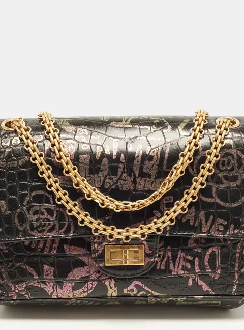 Chanel Reissue 2.55 Graffiti Print 225 Black Croc Embossed Leather Bag