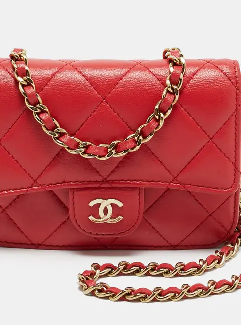 Chanel Classic Flap Red Quilted Leather Clutch With Chain