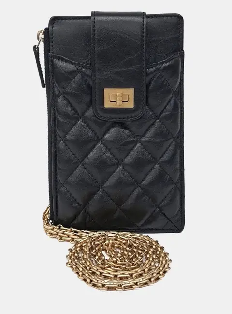 Chanel Black Leather Vintage 2.55 Phone Holder and Crossbody Bag