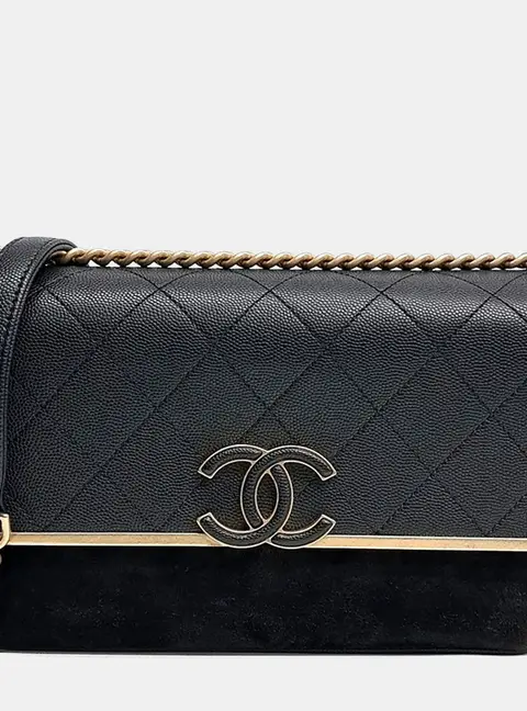 Chanel Small Black Caviar Leather Suede Flap Bag