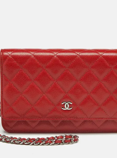 Chanel Classic Red Caviar Quilted Leather Wallet On Chain