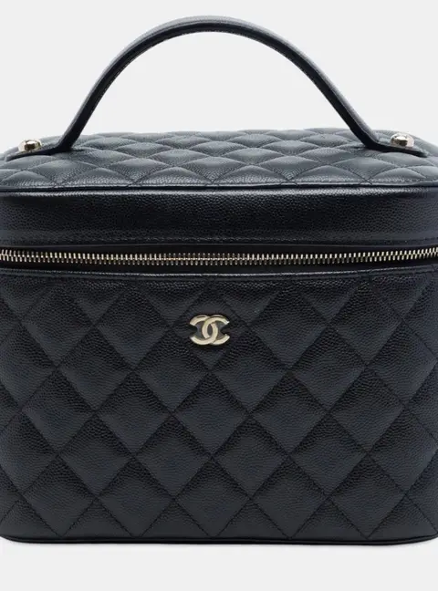 Chanel CC Quilted Vanity Case Medium Black Caviar Leather Top Handle Bag