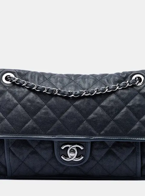Chanel French Riviera Flap Medium Navy Quilted Caviar Leather Shoulder Bag