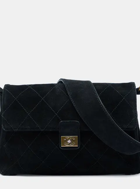 Chanel CC Quilted Suede Wild Stitch Flap Medium Black Suede Shoulder Bag