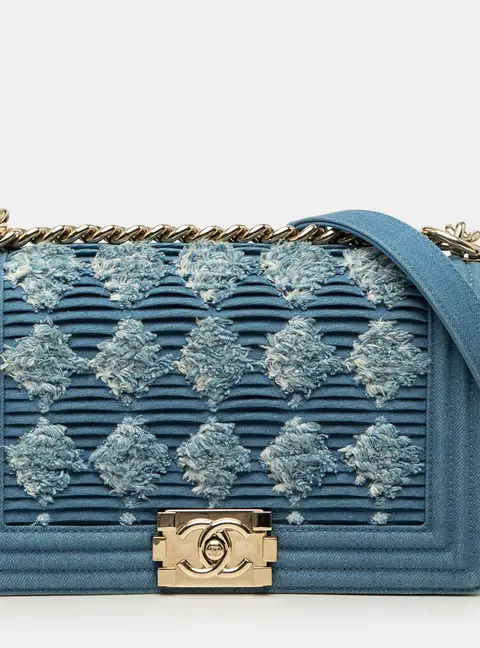 Chanel Old Medium Pleated Denim Boy Flap Bag Blue Light Blue Handbag
