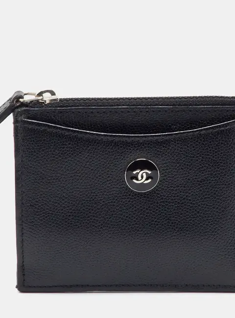 Chanel CC Button Black Caviar Leather Zip Card Case