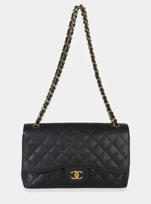 Chanel Classic Jumbo Black Quilted Caviar Leather Double Flap Shoulder Bag