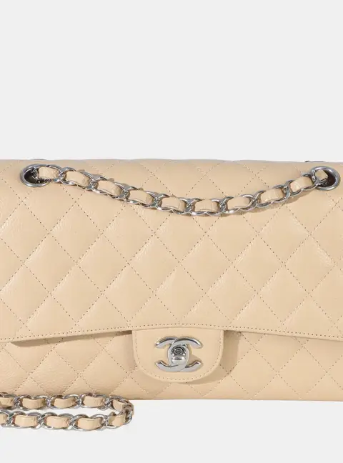 Chanel Classic Double Flap Medium Beige Caviar Leather Shoulder Bag