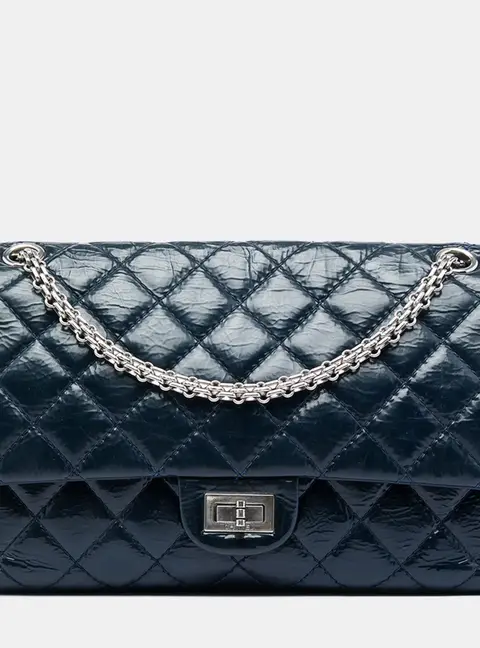 Chanel Reissue 2.55 Double Flap 226 Blue Quilted Crinkled Patent Leather Shoulder Bag