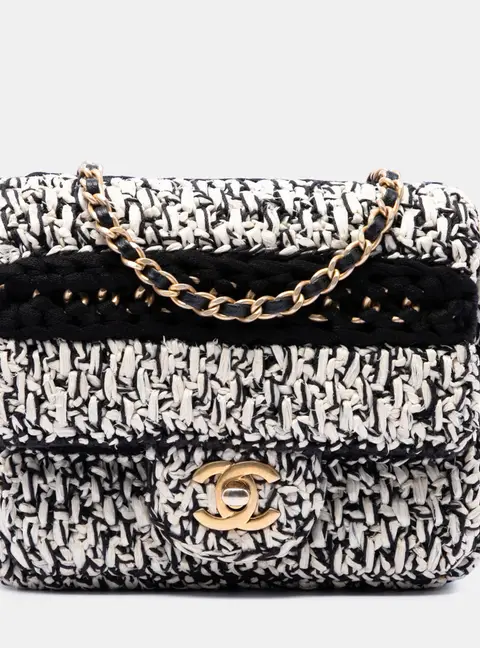 Chanel Braided with Love Mini Black White Raffia Cotton Flap Bag
