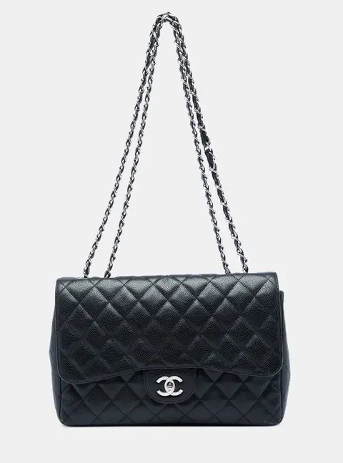Chanel Jumbo Classic Black Caviar Leather Silver Hardware Single Flap Shoulder Bag