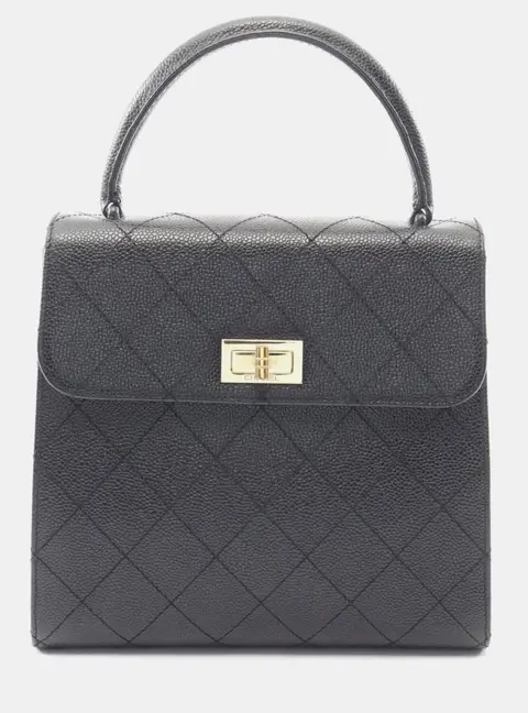 Chanel 2.55 Matelasse Medium Black Grained Caviar Calfskin Leather Top Handle Bag