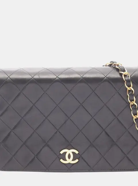 Chanel Vintage Matelasse Full Flap Small Black Lambskin Leather Chain Shoulder Bag