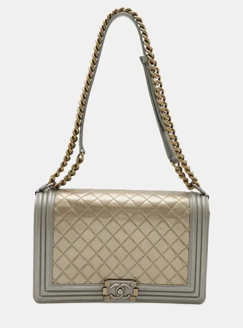 Chanel Boy Chanel 28 Gold Gray Calfskin Leather Shoulder Bag