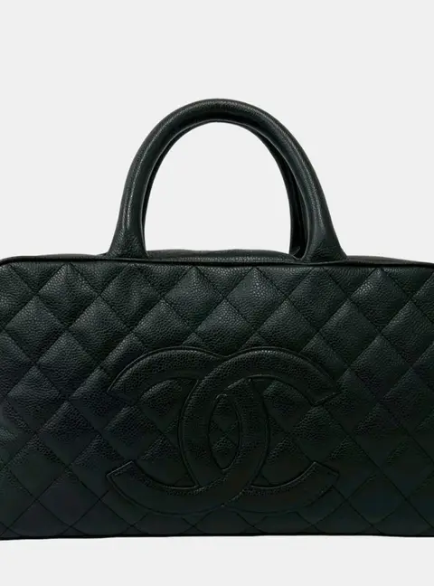 Chanel Timeless CC Mini Boston Black Quilted Caviar Leather Top Handle Bag