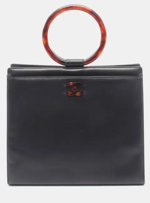 Chanel CC Calfskin Tortoiseshell Handle Black Calfskin Leather Top Handle Bag