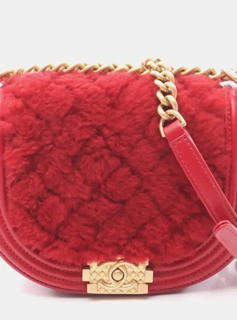 Chanel Boy Curved Messenger Small Red Lambskin Shearling Calfskin Leather Shoulder Bag