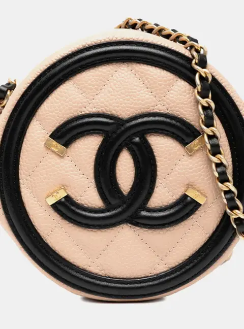 Chanel CC Filigree Mini Beige Black Caviar Leather Round Crossbody Bag