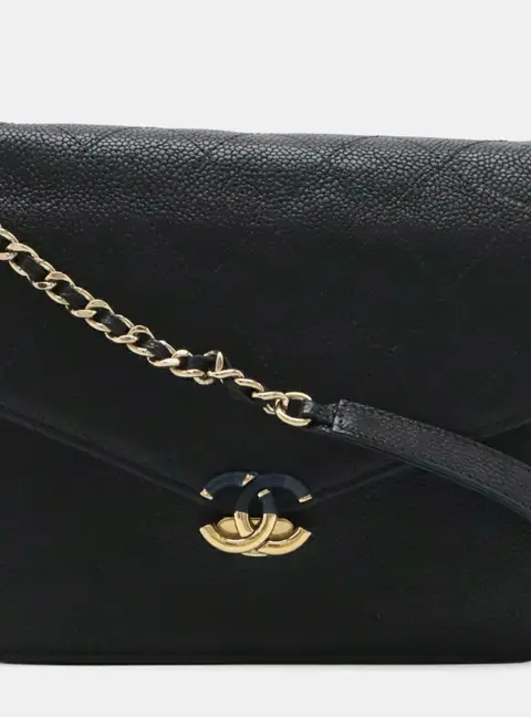 Chanel Paris -Cuba Square Quilted Black Caviar Leather Wallet on Chain Bag