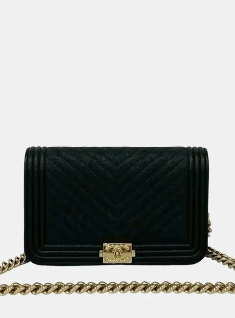 Chanel Boy Chevron Black Caviar Leather Wallet On Chain Bag
