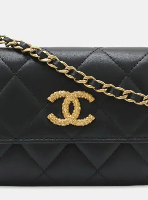 Chanel 19 Flap Black Quilted Lambskin Leather Coin Purse with Chain Bag