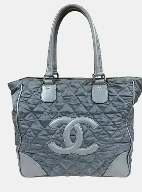 Chanel Paris New York Line Coco Mark Gray Nylon Leather Tote Bag