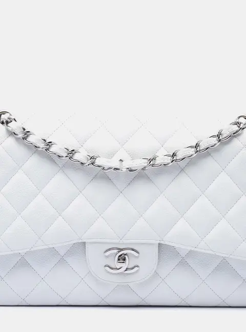 Chanel Jumbo Classic White Grained Caviar Double Flap Shoulder Bag