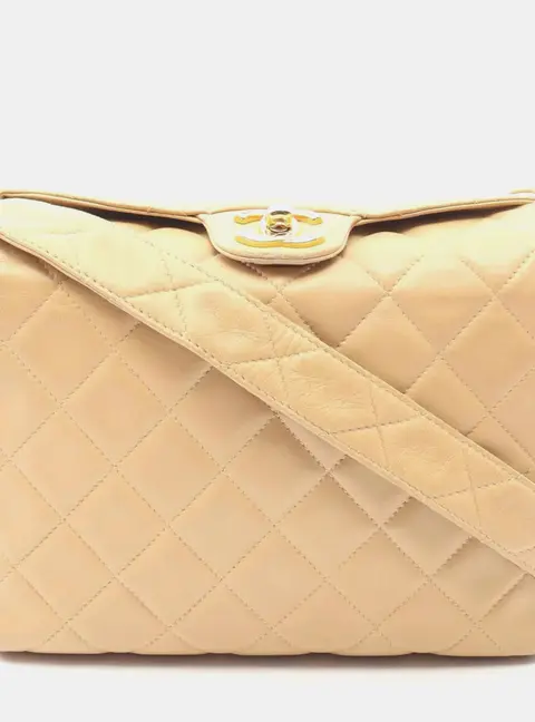 Chanel Vintage Matelasse Medium Beige Lambskin Leather Shoulder Bag
