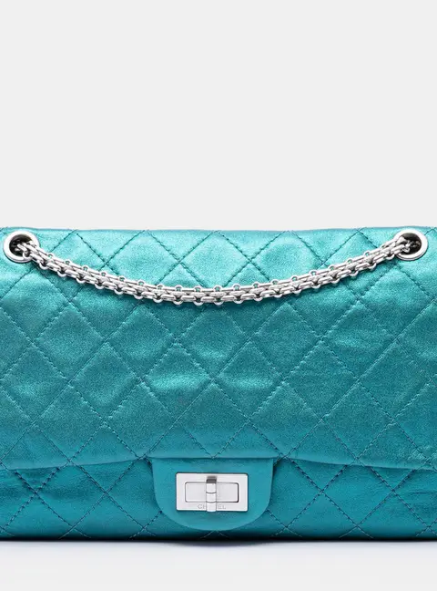 Chanel Reissue 2.55 Double Flap 227 Turquoise Metallic Lambskin Shoulder Bag