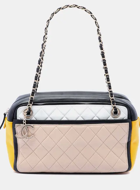 Chanel Graphic Camera Case Large Beige Tricolor Quilted Lambskin Leather Shoulder Bag