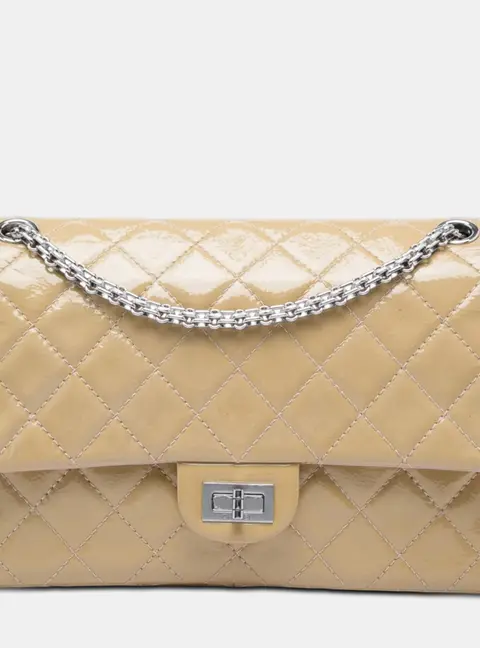 Chanel Reissue 2.55 Double Flap 226 Beige Quilted Crinkled Patent Leather Shoulder Bag