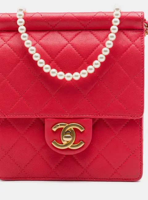 Chanel Chic Pearls Flap Small Red Quilted Lambskin Leather Shoulder Bag
