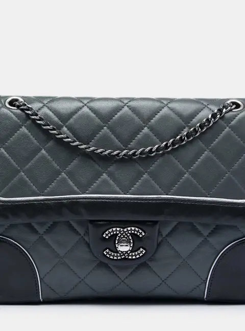 Chanel Paris -Salzburg Medium Grey Black Bicolor Quilted Lambskin Leather Shoulder Flap Bag