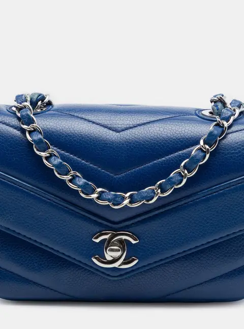 Chanel Data Center Mini Blue Chevron Caviar Leather Crossbody Bag
