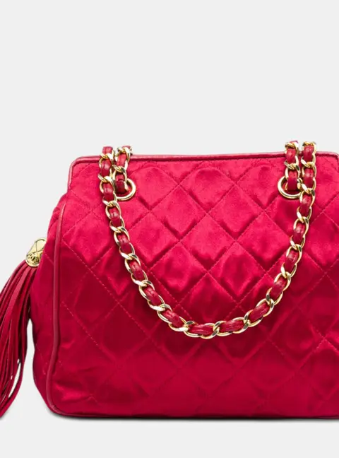 Chanel Vintage CC Quilted Red Satin Tassel Chain Shoulder Bag