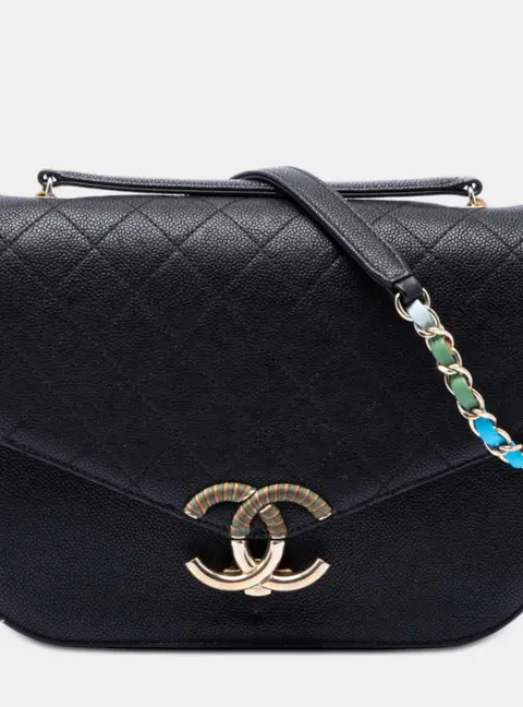 Chanel Paris Cuba Thread Around Medium Black Quilted Caviar Leather Flap Bag