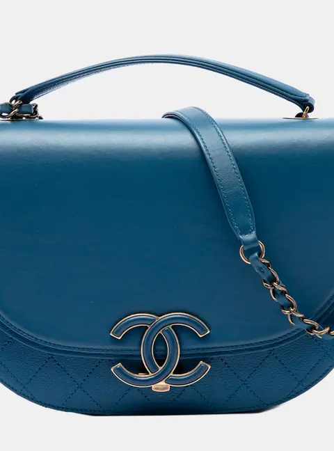 Chanel Coco Curve Medium Blue Shiny Calfskin Quilted Goatskin Flap Bag