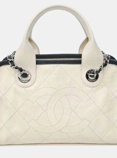 Chanel Bowling Medium Beige Quilted Caviar Leather Tote Bag