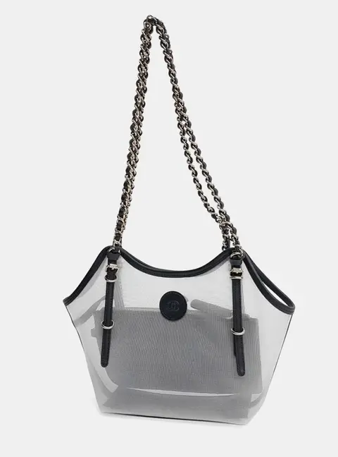 Chanel Coco Beach Black Transparent Mesh Shopping Bag