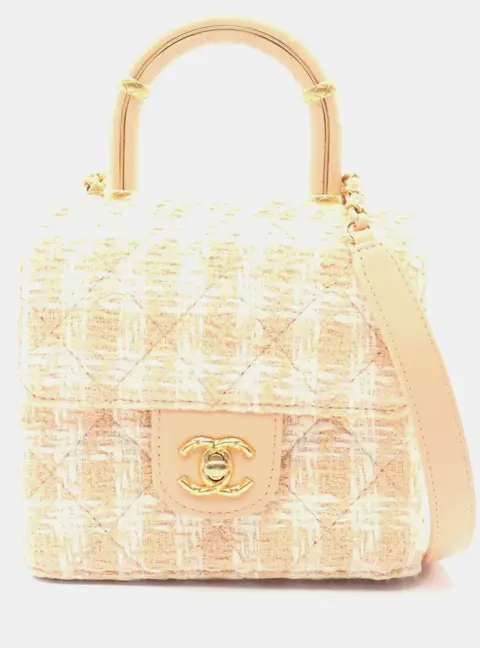 Chanel Pink White Tweed Handle Crush Top Handle Flap Bag