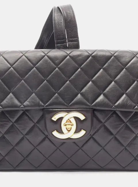 Chanel Vintage Quilted Jumbo Black Lambskin Leather Flap Backpack Bag