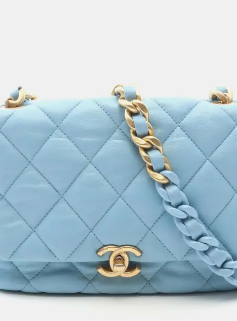 Chanel Lacquered Chain Flap Mini Blue Lambskin Leather Shoulder Bag