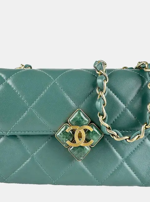 Chanel Flap Bag Small Green Quilted Lambskin Leather Shoulder Bag