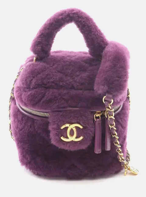 Chanel Quilted Small Purple Shearling Lambskin Leather Top Handle Vanity Bag