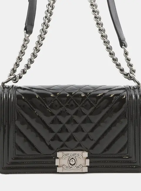 Chanel Boy 25 Black Patent Leather Shoulder Bag