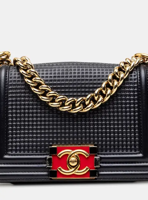 Chanel Boy Medium Navy Blue Cube Embossed Lambskin Leather Shoulder Bag