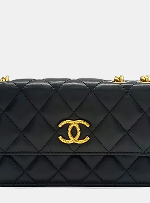Chanel Phone Holder Black Lambskin Leather Chain Crossbody Bag